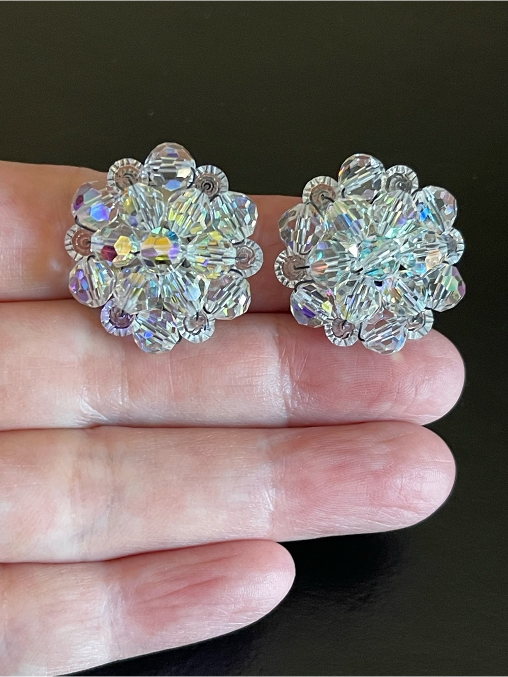 Vintage Crystal Cluster clip on Earrings - Clear Aurora Borealis